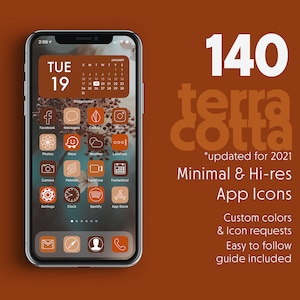 May include: A mockup of an iPhone screen displaying a set of 140 terracotta-colored app icons. The icons are arranged in a grid pattern and include popular apps such as Facebook, Instagram, Photos, Waze, Weather, LastPass, Camera, Peloton, FaceTime, Fantastical, Settings, Clock, Spotify, and App Store. The text "140 terracotta *updated for 2021 Minimal & Hi-res App Icons Custom colors & Icon requests Easy to follow guide included" is displayed on the right side of the image.