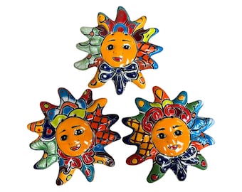Talavera Sun Face – (3) Hand Painted Mexican Ceramic Wall Art, Colorful Folk Art Home Décor, Handmade Pottery, Multicolor 7.25”