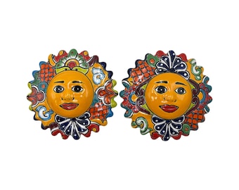 Talavera Sun Face – (2) Hand Painted Mexican Ceramic Wall Art, Colorful Folk Art Home Décor, Handmade Pottery, Multicolor 9.5”