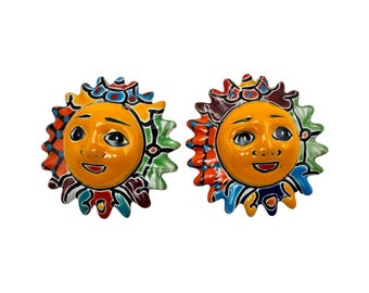 Talavera Sun Face – (2) Hand Painted Mexican Ceramic Wall Art, Colorful Folk Art Home Décor, Handmade Pottery, Multicolor 4”