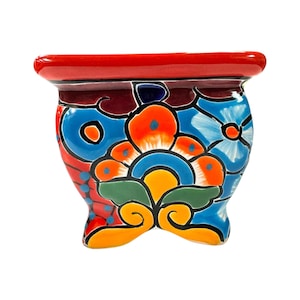 Talavera Japanese Planter – Hand Painted Mexican Ceramic Pot, Colorful Folk Art Indoor Outdoor Home Décor, Red, 5.5”
