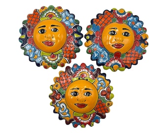 Talavera Sun Face – (3) Hand Painted Mexican Ceramic Wall Art, Colorful Folk Art Home Décor, Handmade Pottery, Multicolor 9.5”