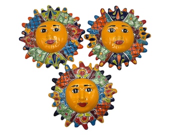 Talavera Sun Face – (3) Hand Painted Mexican Ceramic Wall Art, Colorful Folk Art Home Décor, Handmade Pottery, Multicolor 12”