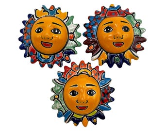 Talavera Sun Face – (3) Hand Painted Mexican Ceramic Wall Art, Colorful Folk Art Home Décor, Handmade Pottery, Multicolor 4”
