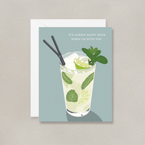 Happy Hour Mojito Greeting Card | Cocktail Greeting Card | Drinking Humor for Funny Greeting Card | Cocktail Illustration of a Mojito