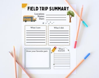 May include: A printable field trip summary worksheet with a yellow school bus, a tree, and a sun. The worksheet has sections for students to write about what they saw, what they did, and what they learned. There is also a space for students to draw their favorite part of the trip.