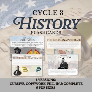 Puede incluir: Tarjetas didácticas para la historia del Ciclo 3. Las tarjetas presentan información sobre Colón, la compra de Luisiana, el compromiso de Misuri y la Guerra Civil. Las tarjetas están disponibles en cuatro versiones y seis tamaños PDF.