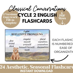 May include: Aesthetic flashcards for Cycle 2 English, featuring reflexive pronouns. The flashcards include a watercolor illustration of a bear and are numbered for easy organization. The text on the flashcards reads "Reflexive Pronouns" and includes singular and plural forms.