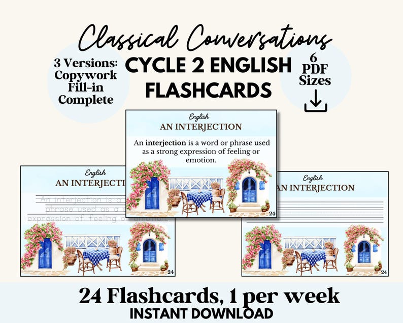 May include: A set of Cycle 2 English flashcards with the text "An interjection is a word or phrase used as a strong expression of feeling or emotion." The flashcards feature a watercolor illustration of a blue door and table. The text "24 Flashcards, 1 per week" is also visible.
