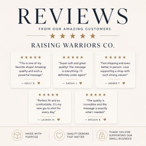 Puede incluir: Una pantalla gr&aacute;fica titulada REVIEWS FROM OUR AMAZING CUSTOMERS RAISING WARRIORS CO. con cinco estrellas doradas y testimonios de clientes. Los iconos inferiores incluyen una caja, un coraz&oacute;n y una bolsa con el texto Made with Purpose.