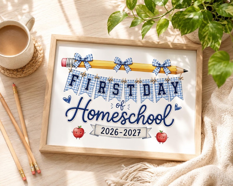 May include: A framed print featuring a yellow pencil with three blue gingham bows, a banner with the text FIRST DAY OF HOMESCHOOL, two small red apple illustrations with faces, and the text 2026-2027 on a banner at the bottom of the white paper.