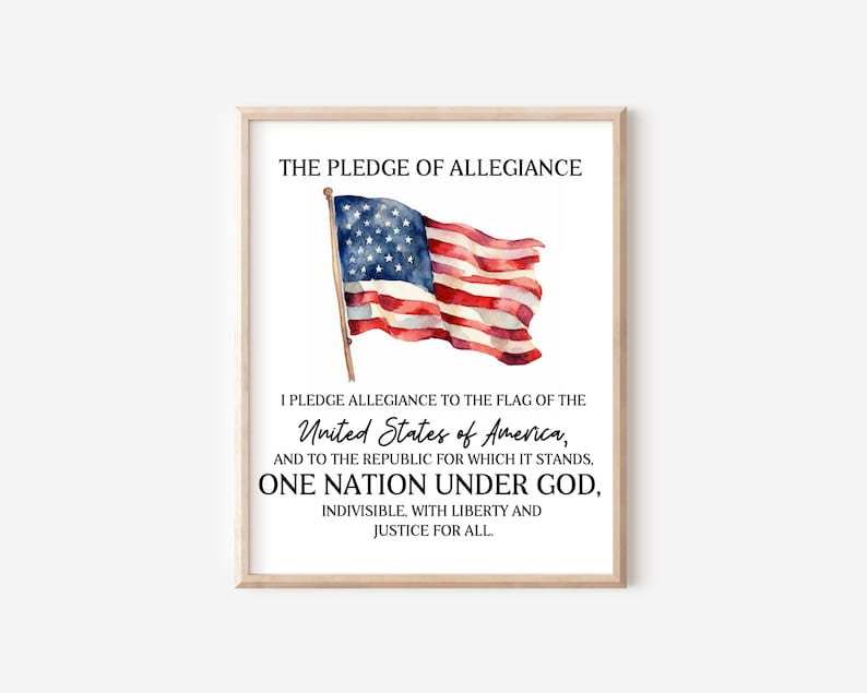 May include: A printable poster with a watercolor illustration of the American flag and the text "THE PLEDGE OF ALLEGIANCE" and the Pledge of Allegiance text.