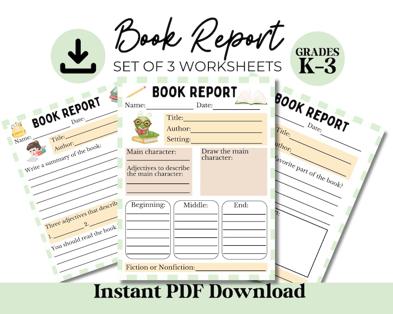 May include: A set of three printable book report worksheets for grades K-3. Each worksheet features a green and yellow checkered background with a cartoon illustration of a book, a caterpillar, or a pencil. The worksheets include prompts for students to write the title, author, setting, main character, and a summary of the book.  The worksheets also include space for students to draw the main character and write three adjectives that describe the main character.  The worksheets also include a section for students to write about their favorite part of the book.