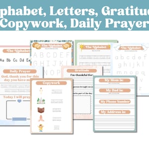May include: A set of printable worksheets for kids featuring alphabet practice, copywork, gratitude exercises, and a daily prayer. The worksheets have a light pink and blue color scheme with illustrations of a church, a book, and praying hands.