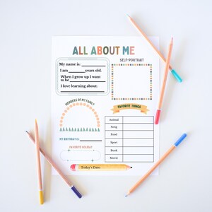 May include: A printable worksheet titled "All About Me" with sections for a self-portrait, favorite things, and family members. The worksheet has a colorful design with a rainbow, stars, and trees.