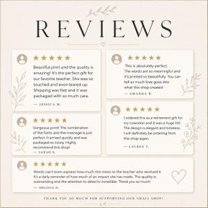May include: A graphic display titled REVIEWS featuring five customer testimonials with five-star ratings. Each review includes a user icon, text feedback from individuals like Jessica M. and Amanda R., and decorative botanical line art illustrations.