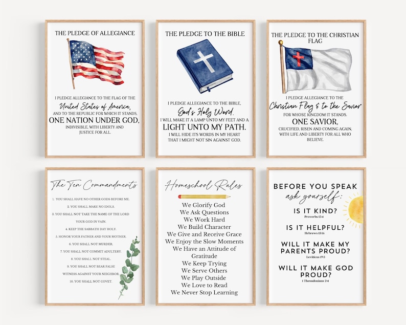 May include: Set of six printable wall art prints with watercolor illustrations and text. The prints feature the Pledge of Allegiance, the Pledge to the Bible, the Pledge to the Christian Flag, the Ten Commandments, Homeschool Rules, and a reminder to ask yourself if your words are kind, helpful, make your parents proud, and make God proud.