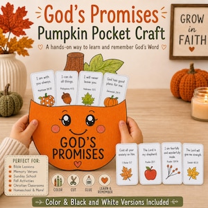 May include: A paper pumpkin craft titled God's Promises with a smiling face, holding four cards with Bible verses. Four additional verse cards are displayed below. The craft features orange, green, and brown colours with text including Matthew 28:20, Philippians 4:13, Hebrews 13:5, Jeremiah 29:11, 1 Peter 5:7, Psalm 23:1, Psalm 139:14, and Isaiah 40:31.