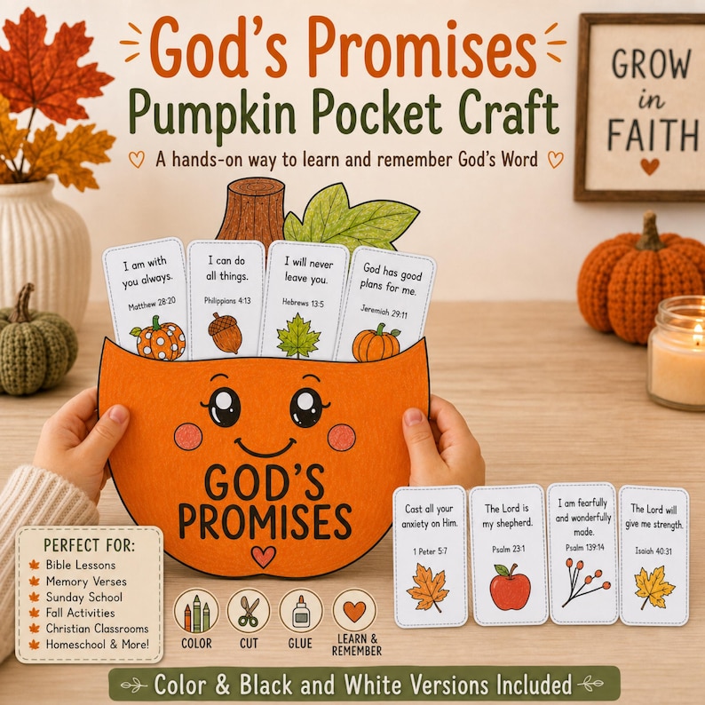May include: A paper pumpkin craft titled God's Promises with a smiling face, holding four cards with Bible verses. Four additional verse cards are displayed below. The craft features orange, green, and brown colours with text including Matthew 28:20, Philippians 4:13, Hebrews 13:5, Jeremiah 29:11, 1 Peter 5:7, Psalm 23:1, Psalm 139:14, and Isaiah 40:31.