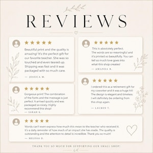 May include: A graphic display titled REVIEWS featuring five customer testimonials with five-star ratings. Each review includes a user icon, text feedback from customers like Jessica M. and Amanda R., and decorative botanical line art illustrations.