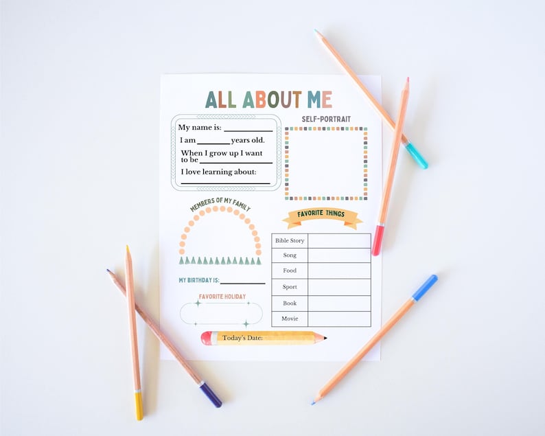 May include: A printable worksheet titled "All About Me" with sections for a self-portrait, favorite things, members of the family, birthday, and favorite holiday. The worksheet is designed for children to fill in information about themselves.