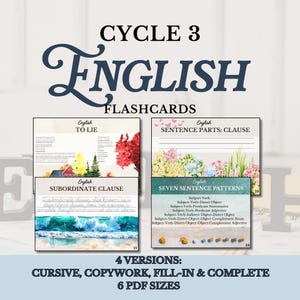 May include: English flashcards for Cycle 3, featuring various sentence structure topics. The flashcards include topics like subordinate clauses and sentence patterns. Available in 4 versions and 6 PDF sizes.