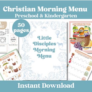 May include: A 50-page Christian Morning Menu educational set for preschool and kindergarten. Includes worksheets titled All About Me, Little Disciples Morning Menu, Fruits of the Spirit, Counting, and 10 Commandments with illustrations and text.