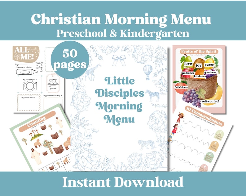 May include: A 50-page Christian Morning Menu educational set for preschool and kindergarten. Includes worksheets titled All About Me, Little Disciples Morning Menu, Fruits of the Spirit, Counting, and 10 Commandments with illustrations and text.
