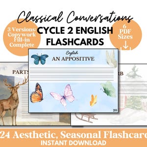 May include: Aesthetic flashcards with watercolor illustrations of butterflies, deer, and winter scenes. The flashcards are labeled "Cycle 2 English Flashcards" and include the text "An Appositive". The product is available as an instant download.