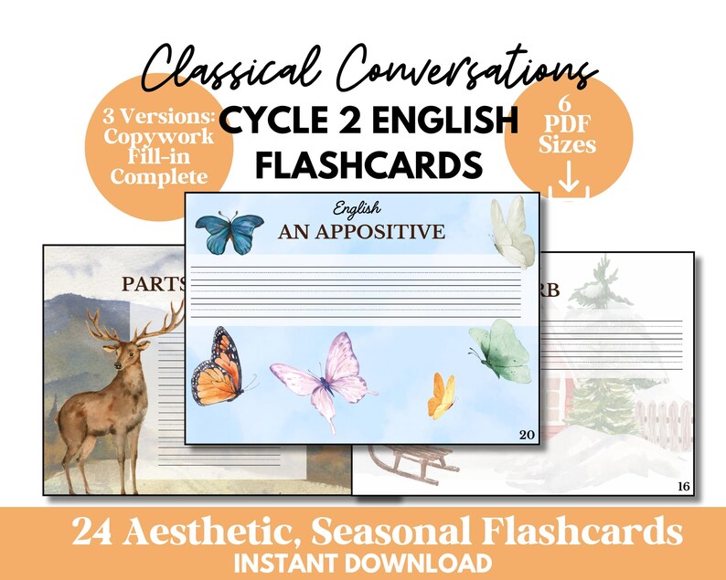 May include: Aesthetic flashcards with watercolor illustrations of butterflies, deer, and winter scenes. The flashcards are labeled "Cycle 2 English Flashcards" and include the text "An Appositive". The product is available as an instant download.