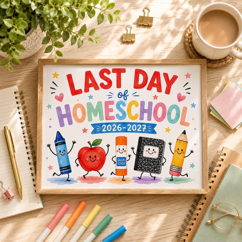 May include: A framed print featuring the text LAST DAY of HOMESCHOOL 2026-2027 in colorful letters. Below the text are five cartoon characters: a blue crayon, a red apple, an orange glue stick, a black composition notebook, and a yellow pencil.