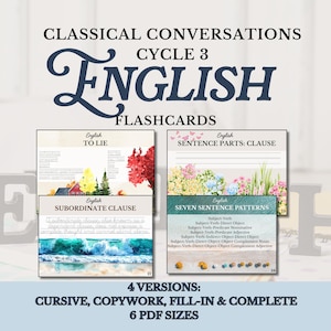 May include: English flashcards for Classical Conversations Cycle 3. The cards feature topics like "Subordinate Clause" and "Sentence Parts: Clause." Available in 4 versions and 6 PDF sizes. The image includes text and colorful illustrations.
