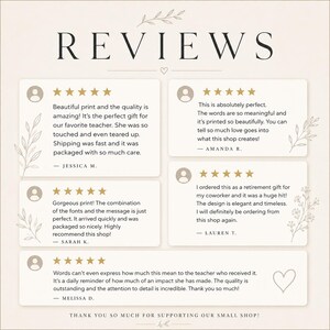 May include: A graphic display titled REVIEWS featuring five customer testimonials with five-star ratings. Each review includes a user icon, text feedback from individuals like Jessica M. and Amanda R., and decorative botanical line art illustrations.
