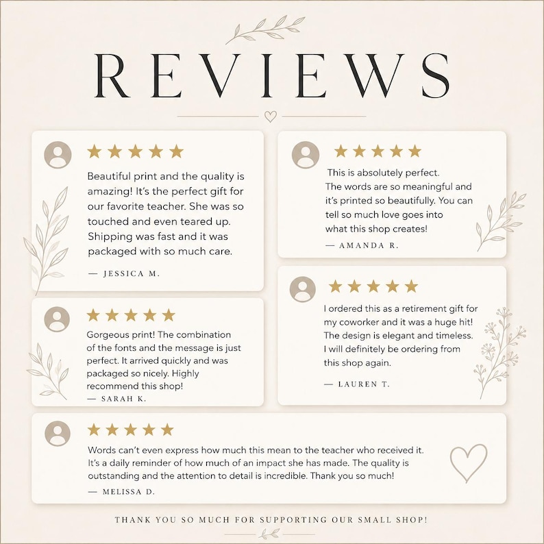 May include: A graphic display titled REVIEWS featuring five customer testimonials with five-star ratings. Each review includes a user icon, text feedback from individuals like Jessica M. and Amanda R., and decorative botanical line art illustrations.