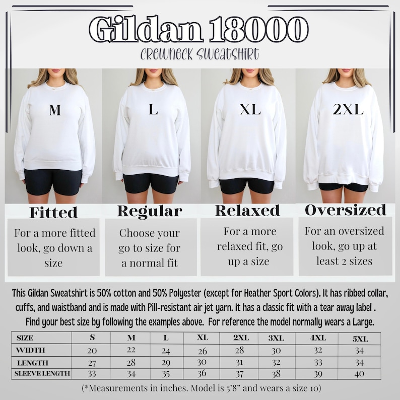May include: White Gildan 18000 crewneck sweatshirt size guide. The guide shows how the sweatshirt fits: fitted, regular, relaxed, and oversized. The size chart includes measurements in inches for width, length, and sleeve length. The model is 5'8" and wears a size 10.