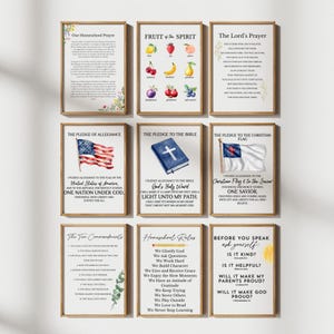 May include: A set of nine rectangular wall art prints arranged in a grid. The prints feature religious and educational text, including The Lord's Prayer, The Ten Commandments, The Pledge of Allegiance, and various homeschool rules, decorated with watercolor illustrations.