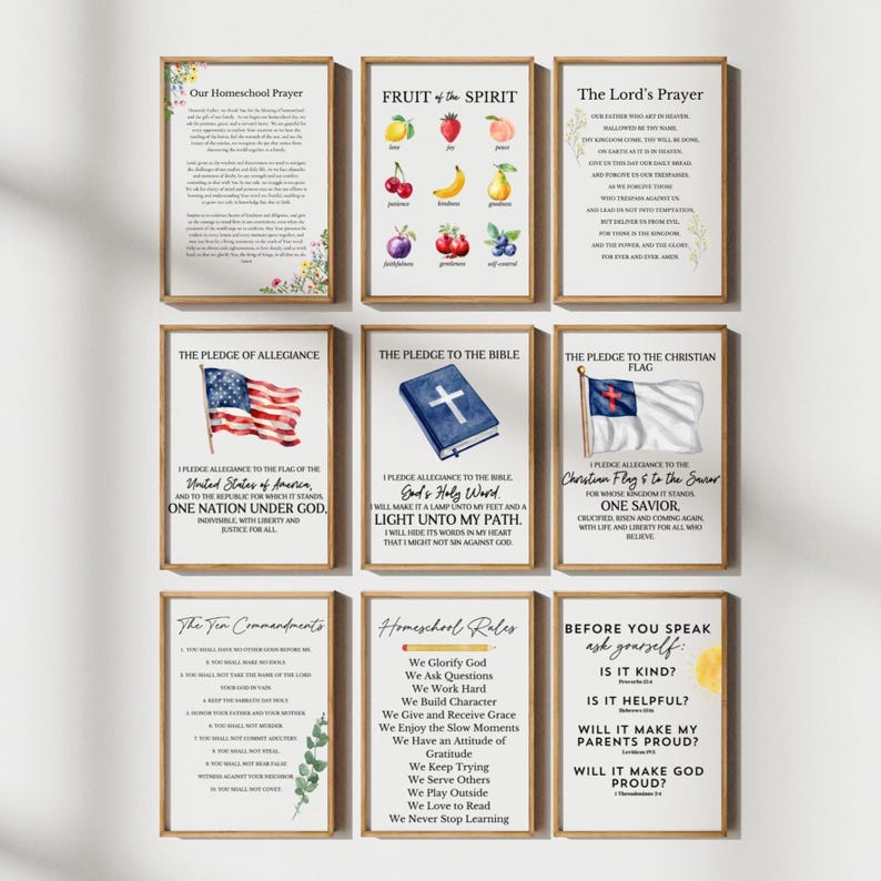 May include: A set of nine rectangular wall art prints arranged in a grid. The prints feature religious and educational text, including The Lord's Prayer, The Ten Commandments, The Pledge of Allegiance, and various homeschool rules, decorated with watercolor illustrations.