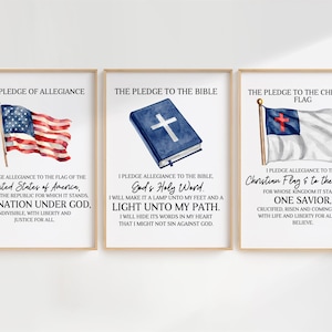 May include: Three printable wall art prints with watercolor illustrations of the American flag, a Bible, and a Christian flag. The prints feature the Pledge of Allegiance to the American flag, the Pledge to the Bible, and the Pledge to the Christian Flag.