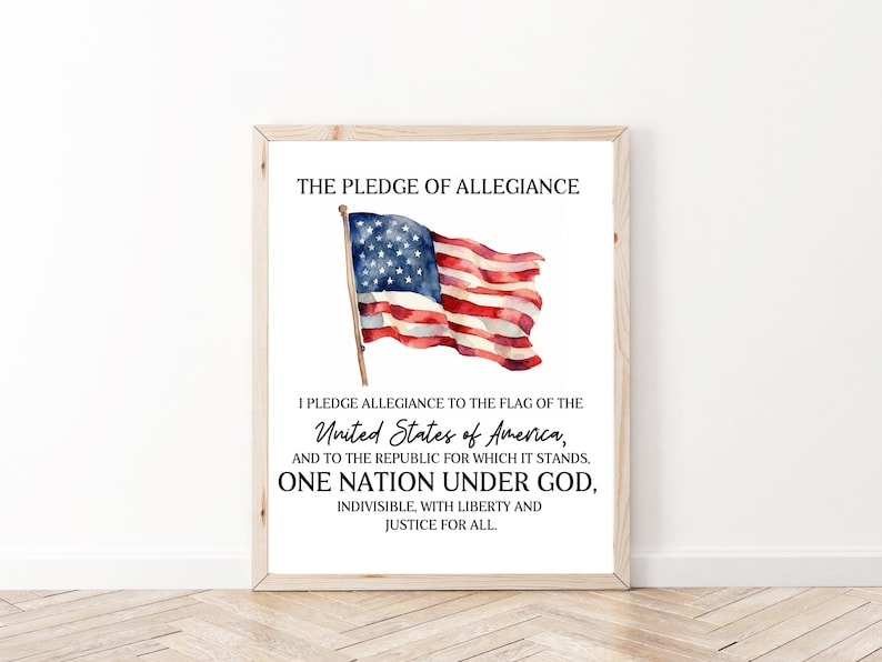 May include: A printable poster with a watercolor illustration of the American flag and the text "THE PLEDGE OF ALLEGIANCE" followed by the Pledge of Allegiance.