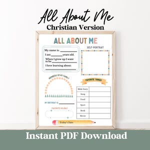May include: Printable "All About Me" worksheet for kids with a Christian theme. The worksheet has sections for name, age, favorite things, and a self-portrait. It also includes a section for members of the family and a space for today's date.