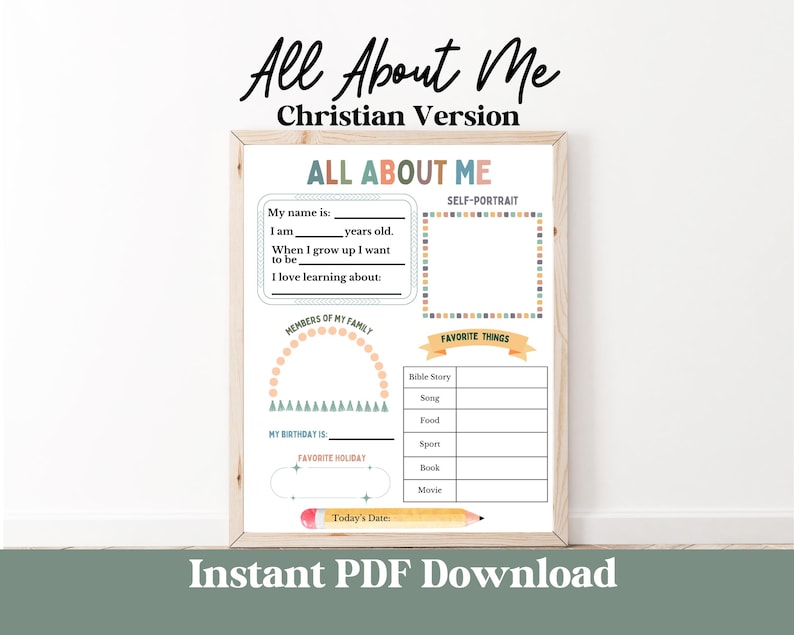 May include: Printable "All About Me" worksheet for kids with a Christian theme. The worksheet has sections for name, age, favorite things, and a self-portrait. It also includes a section for members of the family and a space for today's date.