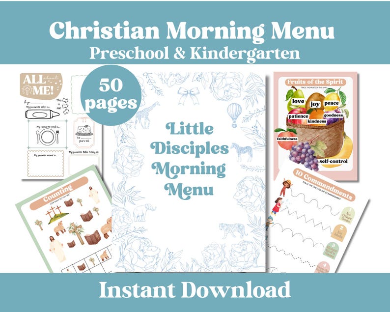 May include: A printable Christian morning menu for preschool and kindergarten with 50 pages. The cover features a floral design with a hot air balloon and the text "Little Disciples Morning Menu". The pages include activities such as counting, coloring, and tracing.