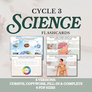 Pode incluir: Flashcards de ciências educativas com o título "Cycle 3 Science Flashcards". Os flashcards cobrem tópicos como a história da Terra, o sistema digestivo e o sistema linfático. A imagem também menciona 4 versões e 6 tamanhos de PDF.