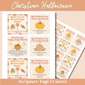 May include: A sheet of Christian Halloween scripture tags in two sizes. The tags feature pumpkin and candy graphics with Bible verses like "God's Love is Sweeter than Candy!" and "Jesus is the Light of the World!" in a retro style.