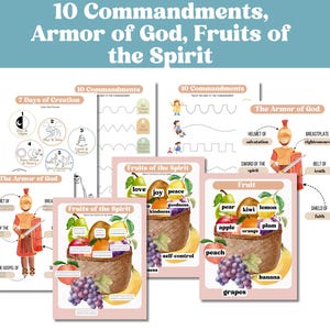 May include: A set of printable worksheets for kids featuring illustrations of the 10 Commandments, the Armor of God, the Fruits of the Spirit, and the 7 Days of Creation. The worksheets include coloring pages, tracing activities, and word searches.