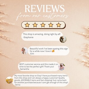 May include: A beige background with text that reads "REVIEWS from our customers." Below are customer reviews with a five-star rating graphic. The reviews mention quality goods, fast shipping, and adorable items.