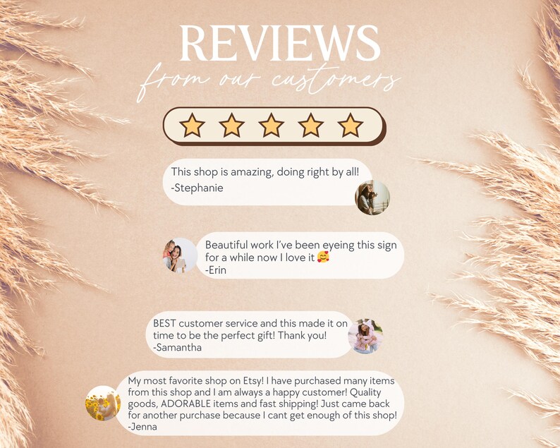 May include: A beige background with text that reads "REVIEWS from our customers." Below are customer reviews with a five-star rating graphic. The reviews mention quality goods, fast shipping, and adorable items.