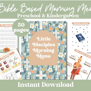 May include: A digital download for a Bible-based morning menu for preschool and kindergarten. The cover features a blue background with white flowers and crosses. The text "Little Disciples Morning Menu" is in a brown circle.