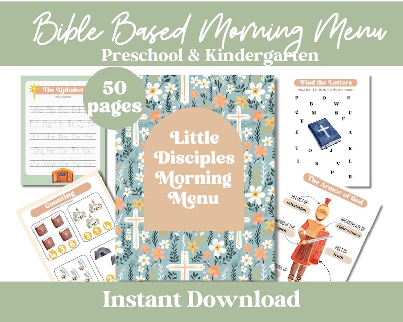 May include: A digital download for a Bible-based morning menu for preschool and kindergarten. The cover features a blue background with white flowers and crosses. The text "Little Disciples Morning Menu" is in a brown circle.