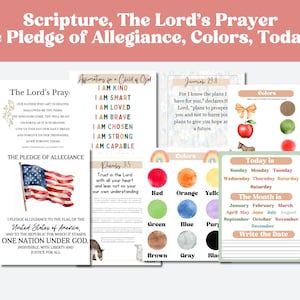 May include: A printable worksheet with a colorful design featuring the Lord's Prayer, the Pledge of Allegiance, a color chart, and a calendar with days of the week and months of the year. The worksheet also includes affirmations for a child of God and a scripture verse from Proverbs and Jeremiah.